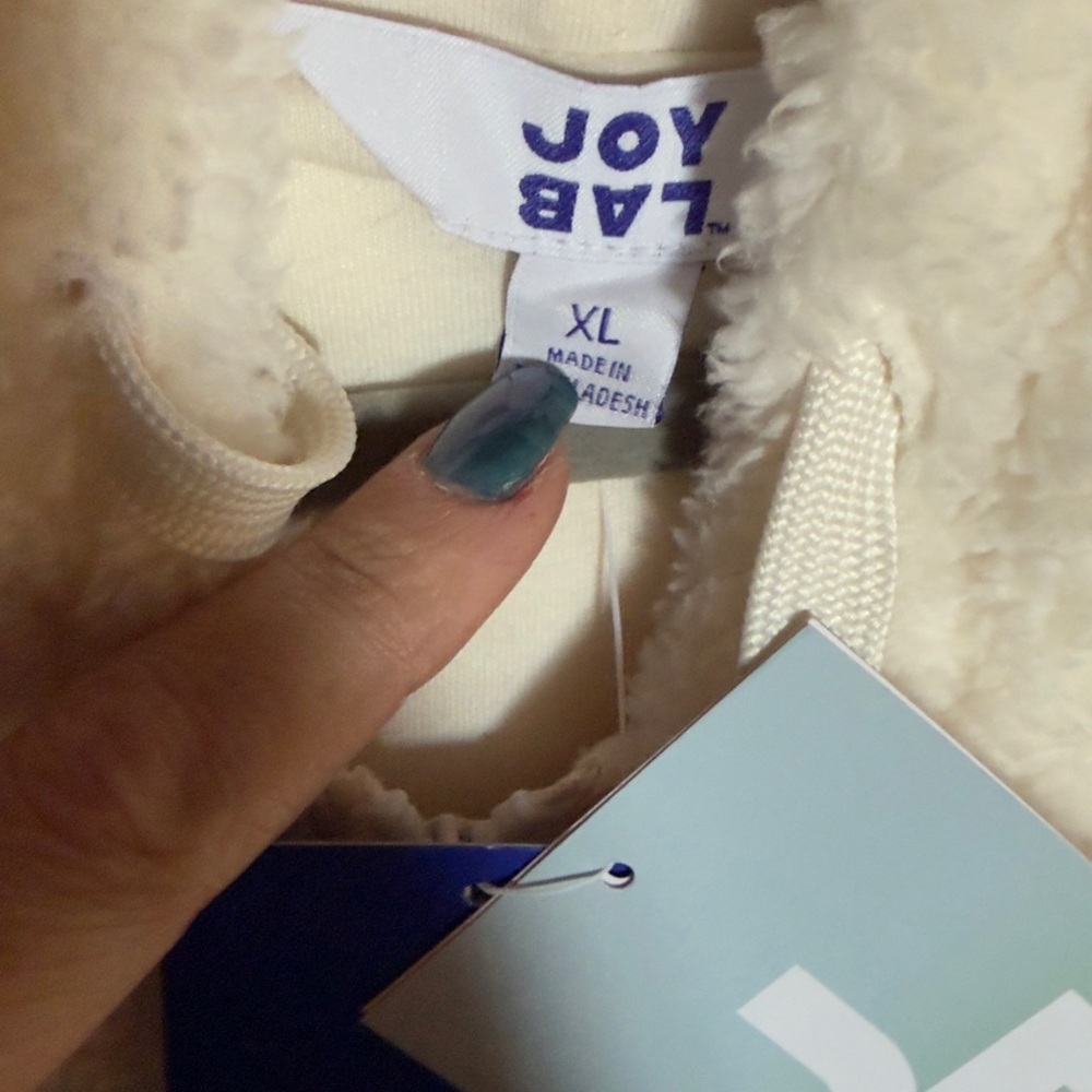 JoyLab Cream Sherpa Zip Hoodie with Gingham Trim - Picture 6 of 6